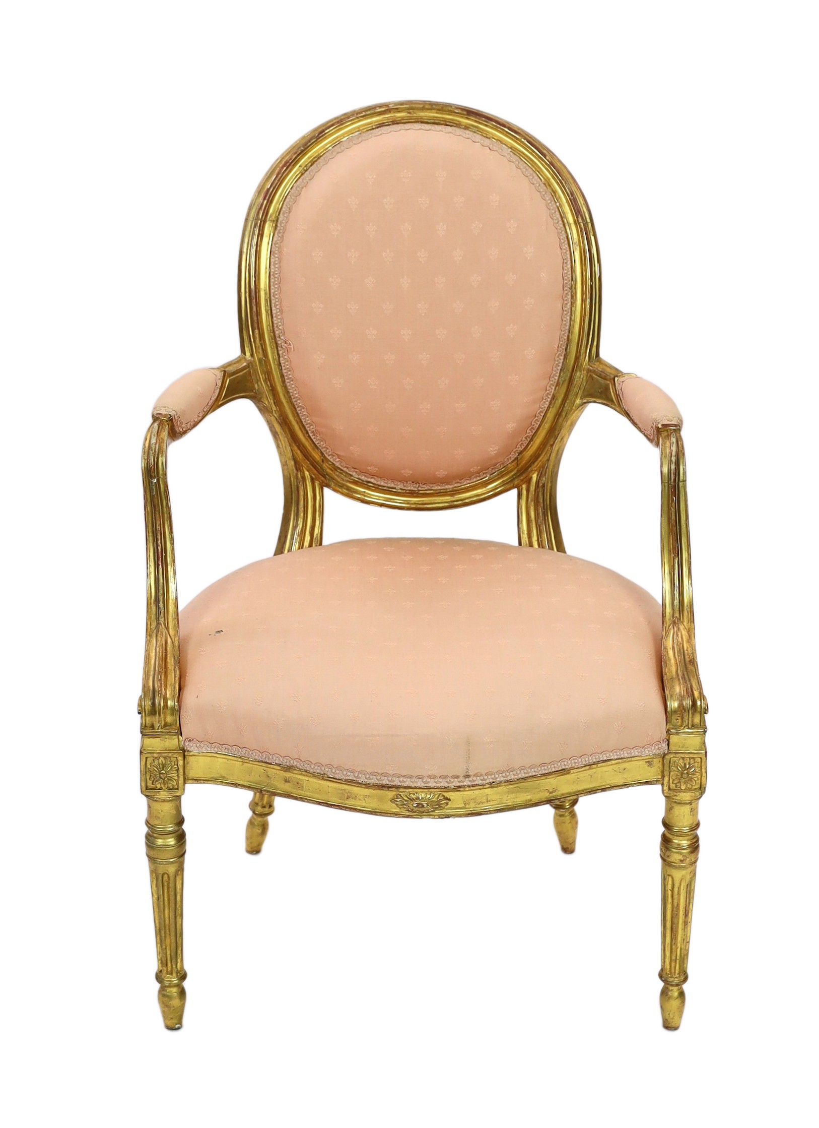 A George III Adam style giltwood armchair, width 61cm height 93cm